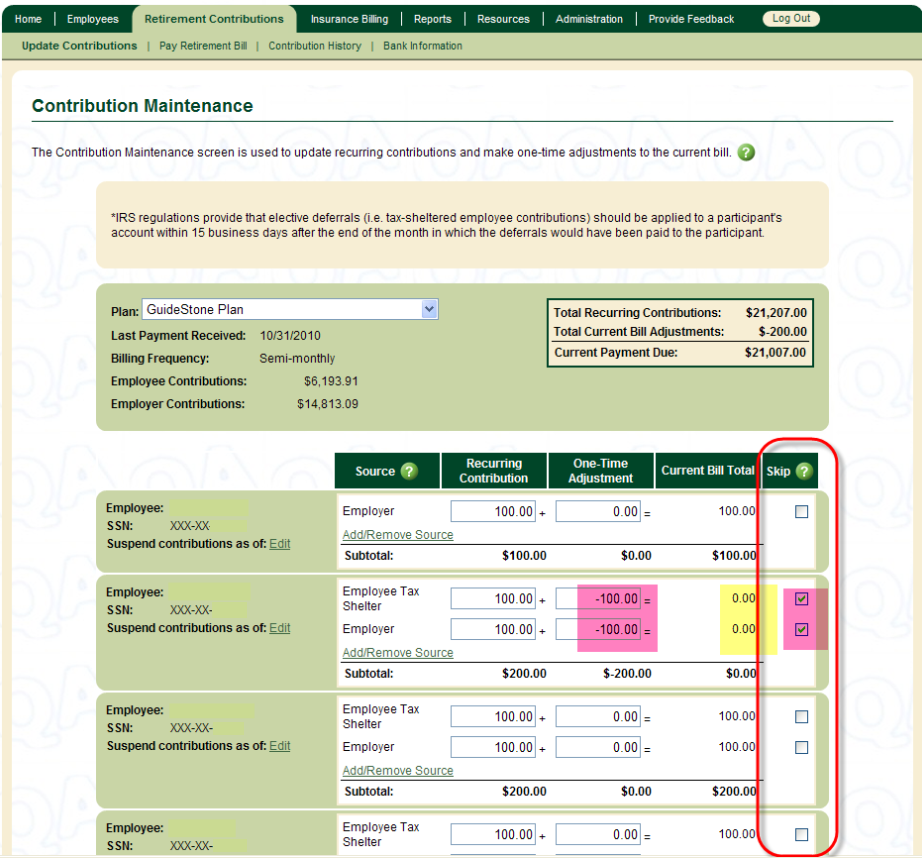 Setting Contribution Amounts to $0